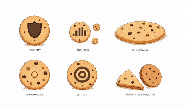 Illustration of various cookies with different functions like security, analytics, and personalization